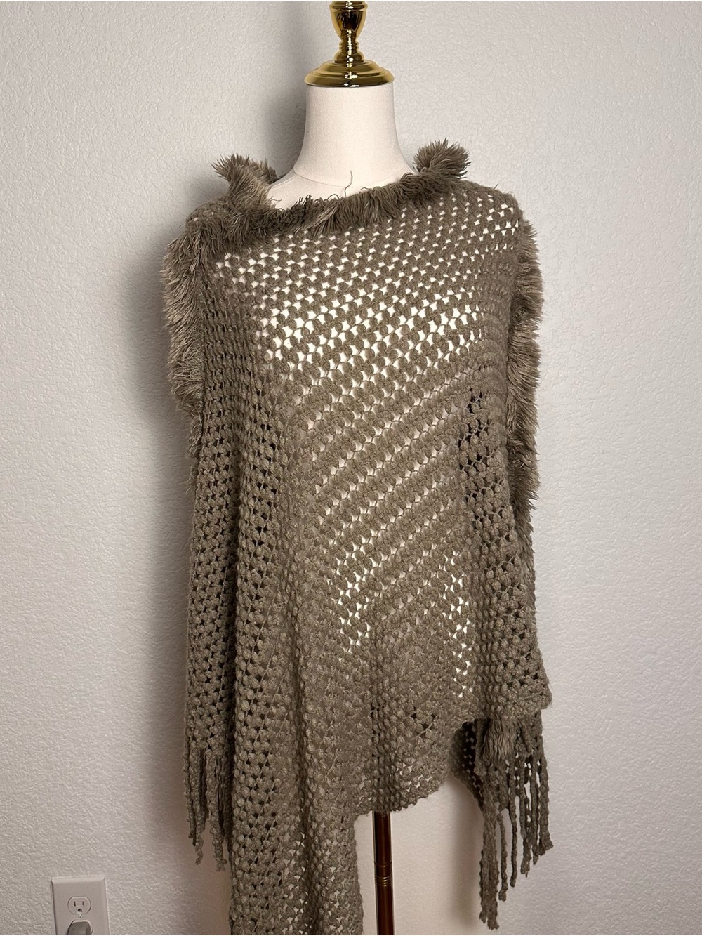 Cozy Taupe Fringe Knit Poncho Sweater - Picture 2 of 6